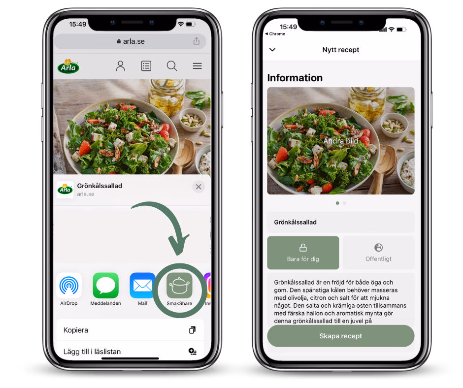 Tryck på SmakShare logotyp & receptet kommer direkt in i appen